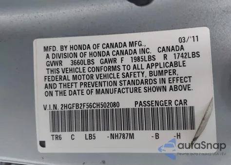 2012 Honda Civic Lx z USA, uszkodzony, nr VIN 2HGFB2F56CH502080